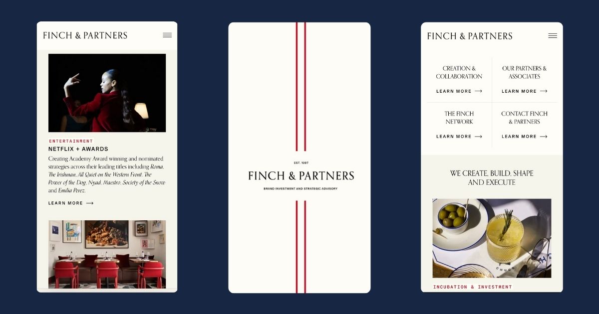 Screenshots of the mobile version of the Finch & Partners new website