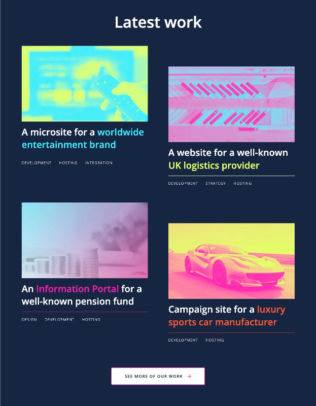Image showing thumbnails of the latest case studies on Monogram's website
